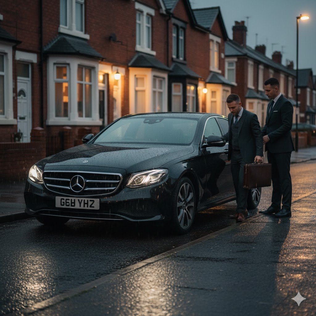Gorse Hill Chauffeur Service by MCR-EXEC with black 2025 Mercedes E-Class during evening executive arrival in Trafford