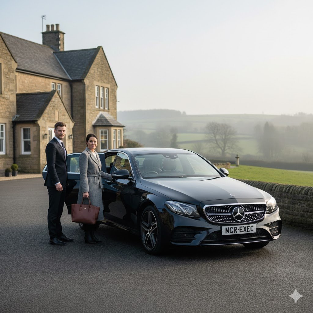 Grasscroft Chauffeur Service with black Mercedes E-Class, professional chauffeur assisting a passenger in Grasscroft Oldham, luxury executive transport by MCR-EXEC