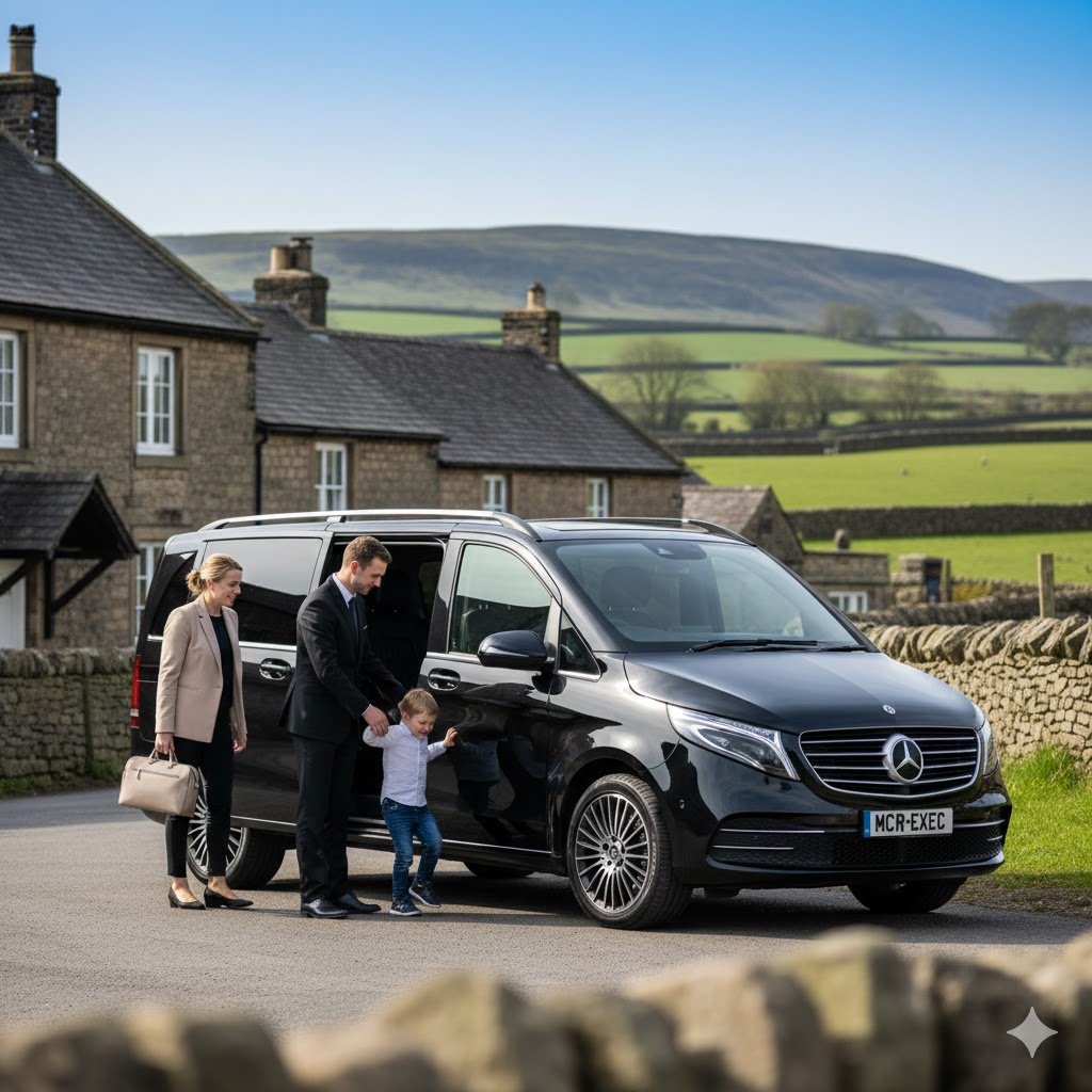 Greenfield Chauffeur Service with black Mercedes V-Class MPV, professional chauffeur assisting a family in Greenfield Oldham, premium local transport by MCR-EXEC