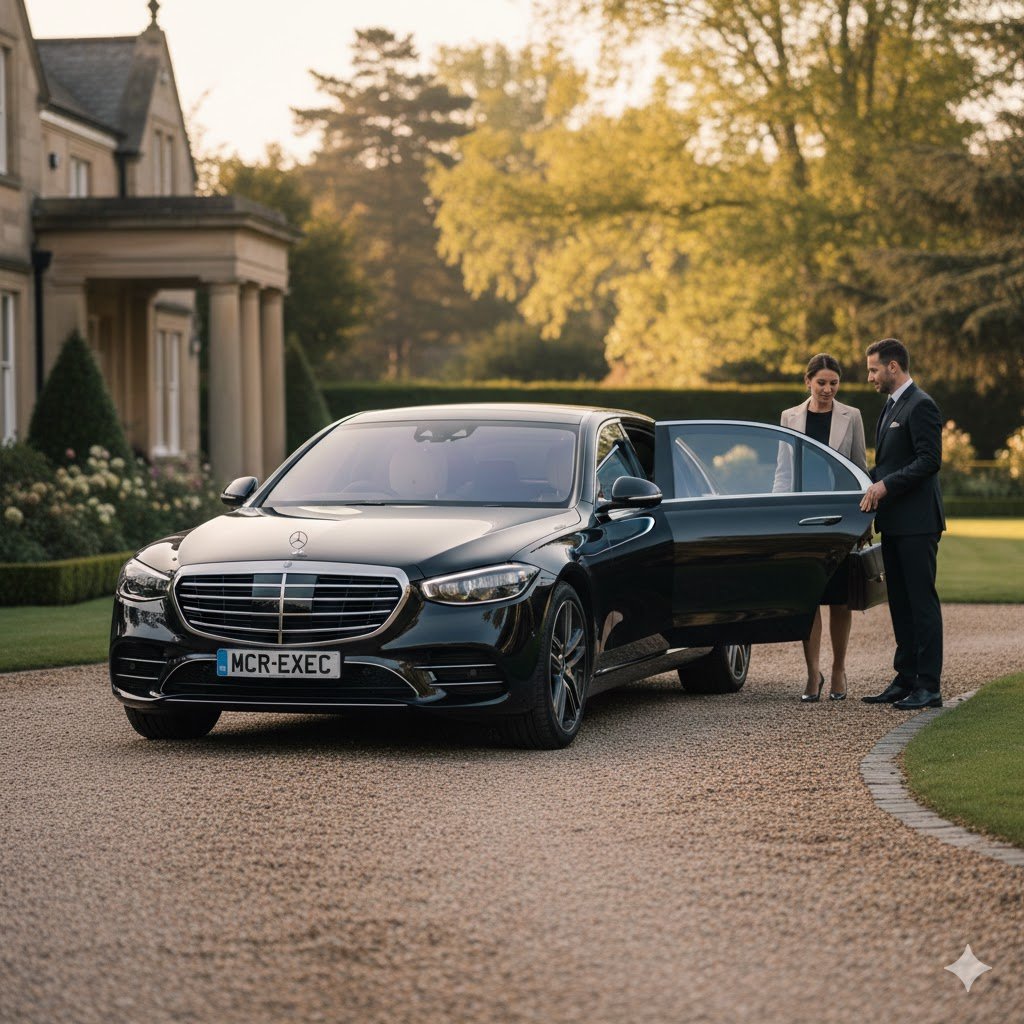 Hale Executive Chauffeur by MCR-EXEC with black 2025 Mercedes S-Class outside luxury gated property in Trafford