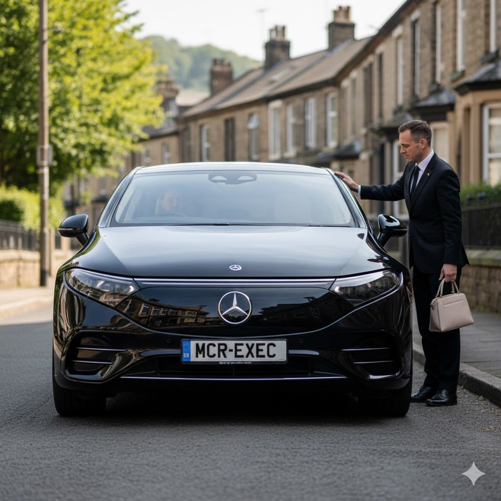 Healey Chauffeur Service with black 2025 Mercedes-Benz EQS operated by MCR-EXEC, showing a passenger being assisted into the vehicle on a quiet residential Healey street for professional transport.