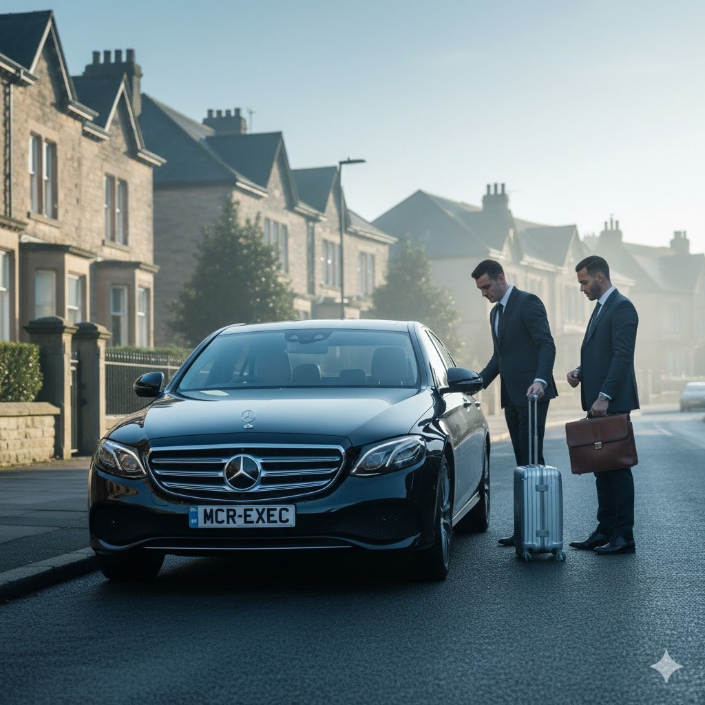 Heaton Executive Transfers hero image showing a black 2025 Mercedes E-Class with MCR-EXEC number plate during a professional morning departure with chauffeur assistance in Greater Manchester.