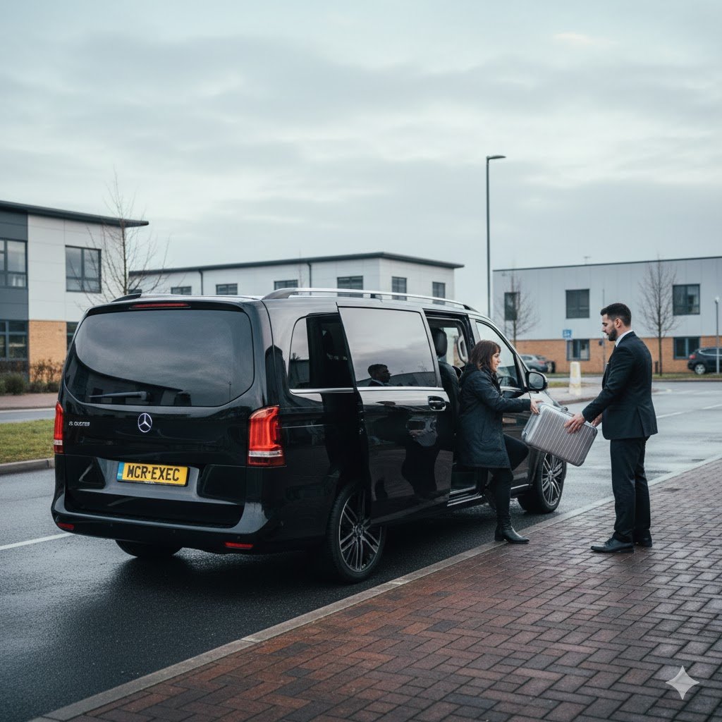 Heywood chauffeur service hero image featuring a black 2025 Mercedes-Benz V-Class MPV with MCR-EXEC number plate, showing a professional chauffeur assisting passengers during a morning pickup in Heywood, Greater Manchester.