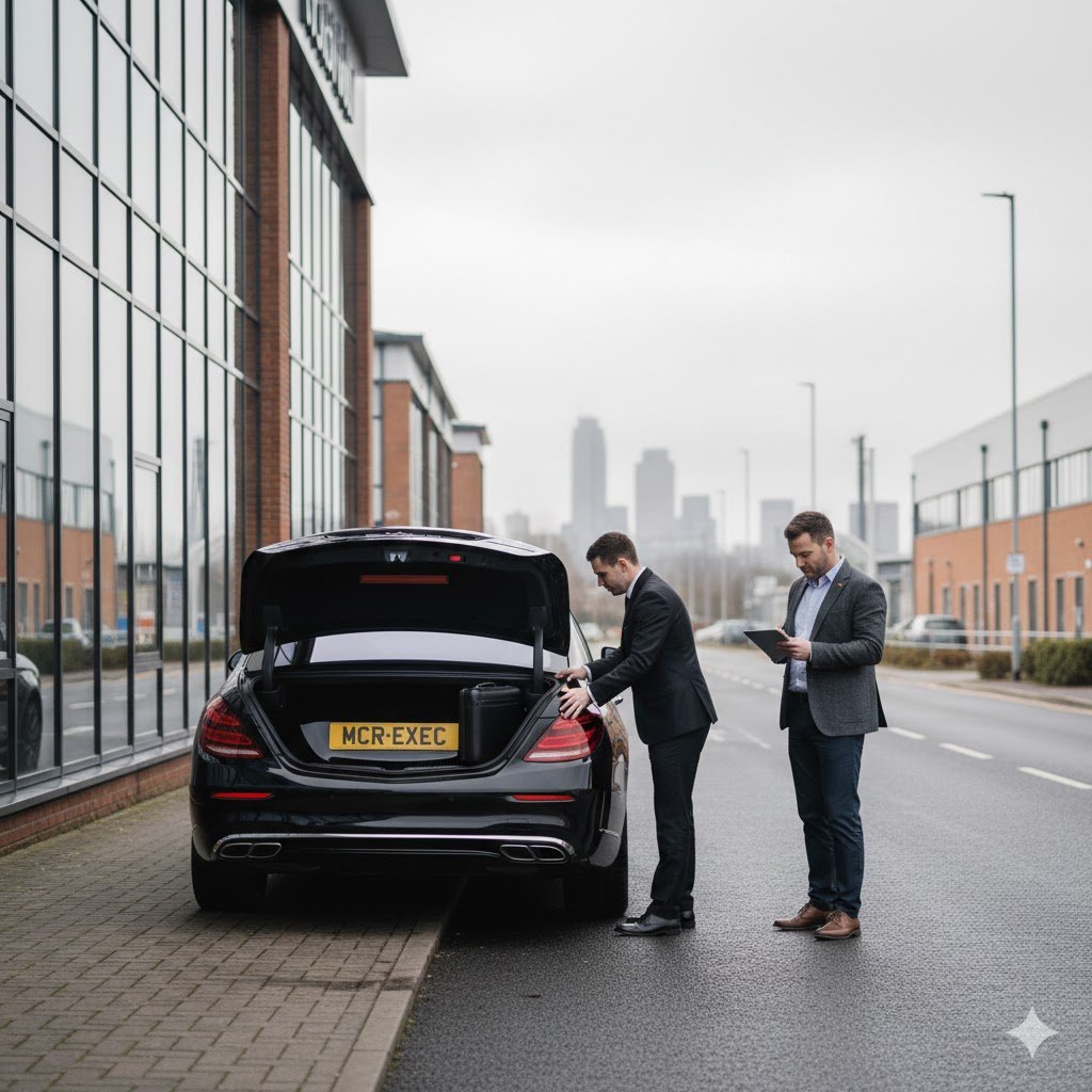 Hollinwood Chauffeur Service with black Mercedes S-Class, professional chauffeur loading luggage for a business passenger in Hollinwood Oldham, executive transport by MCR-EXEC