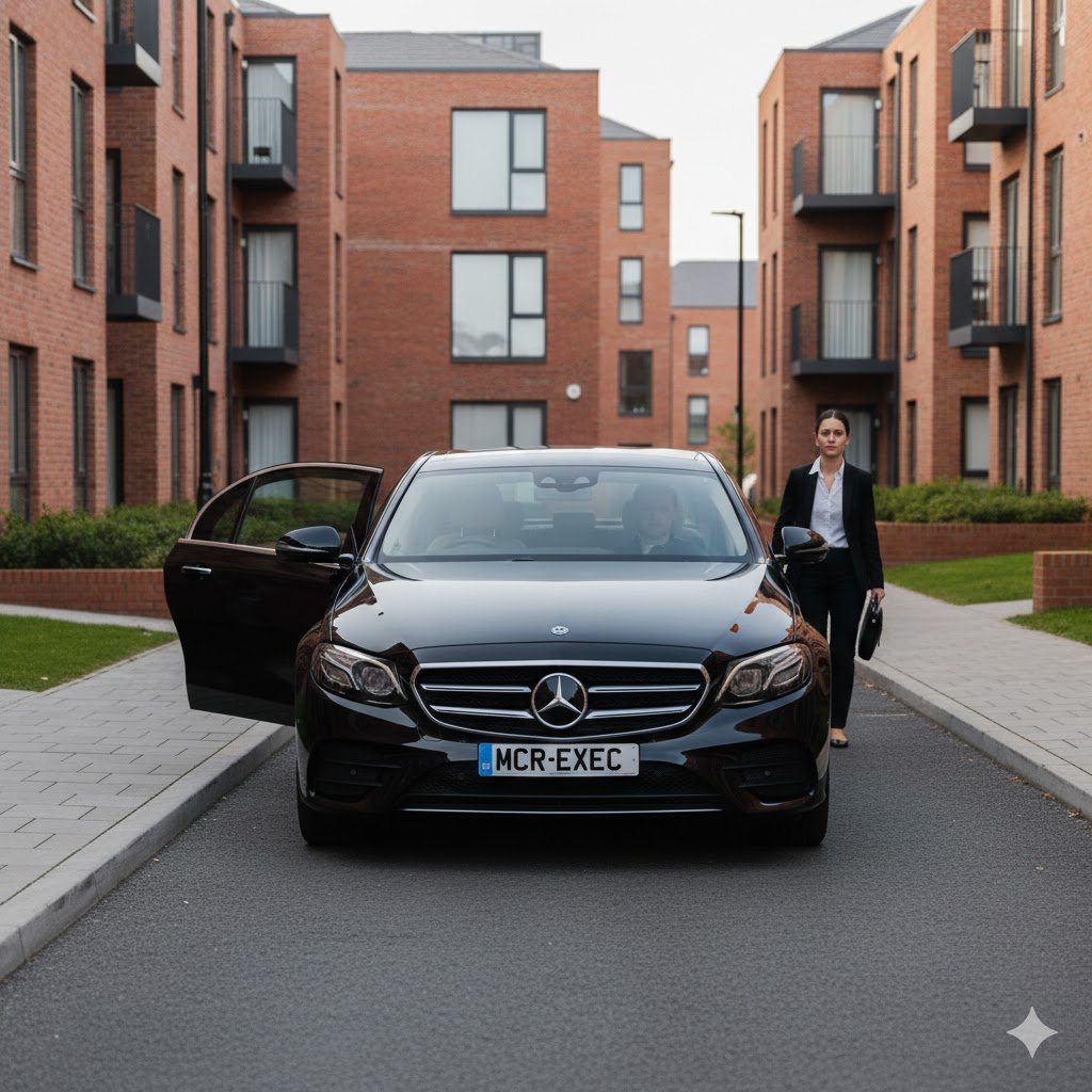 Hulme Executive Travel with a black Mercedes E-Class by MCR-EXEC collecting a professional passenger from a residential address in Hulme, Manchester.