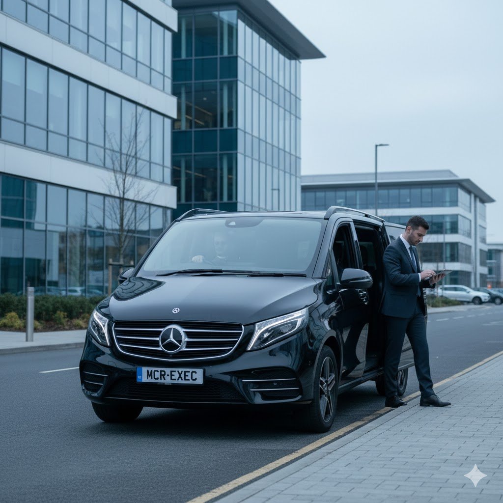 Kingsway Business Park Chauffeur Service with black 2025 Mercedes-Benz V-Class MPV operated by MCR-EXEC, showing a business passenger entering the vehicle outside a modern office building for executive corporate transport