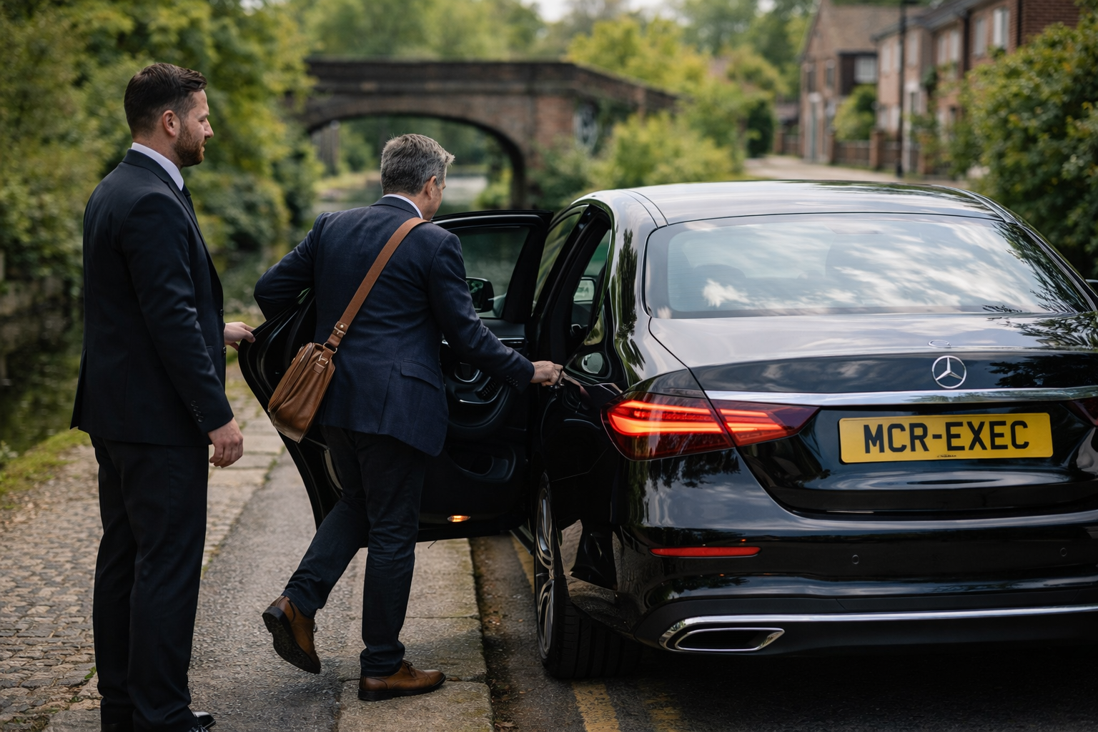 Lees Chauffeur Service with black Mercedes E-Class, professional chauffeur assisting a commuter near the Lees canal area in Oldham, premium local transport by MCR-EXEC