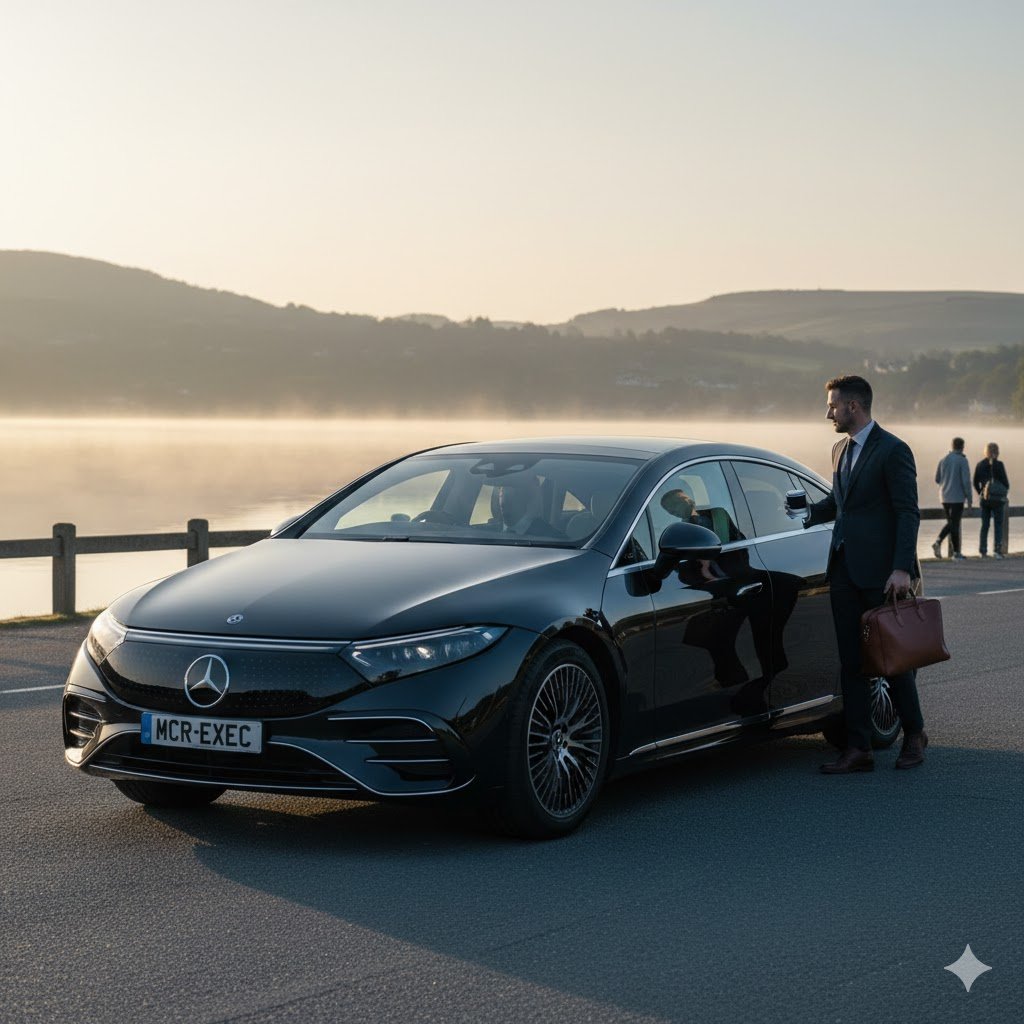 Littleborough Chauffeur Service with black 2025 Mercedes-Benz EQS operated by MCR-EXEC, showing a passenger beginning an early morning executive journey beside Hollingworth Lake in Littleborough.