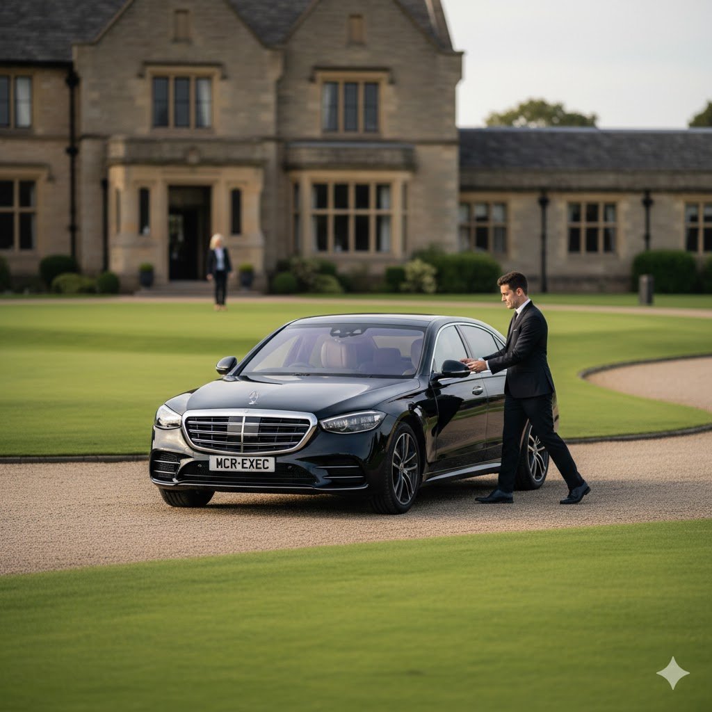 Lostock Luxury Executive Travel hero image showing a black 2025 Mercedes S-Class with MCR-EXEC number plate outside a private golf club with a professional chauffeur assisting clients in Greater Manchester.