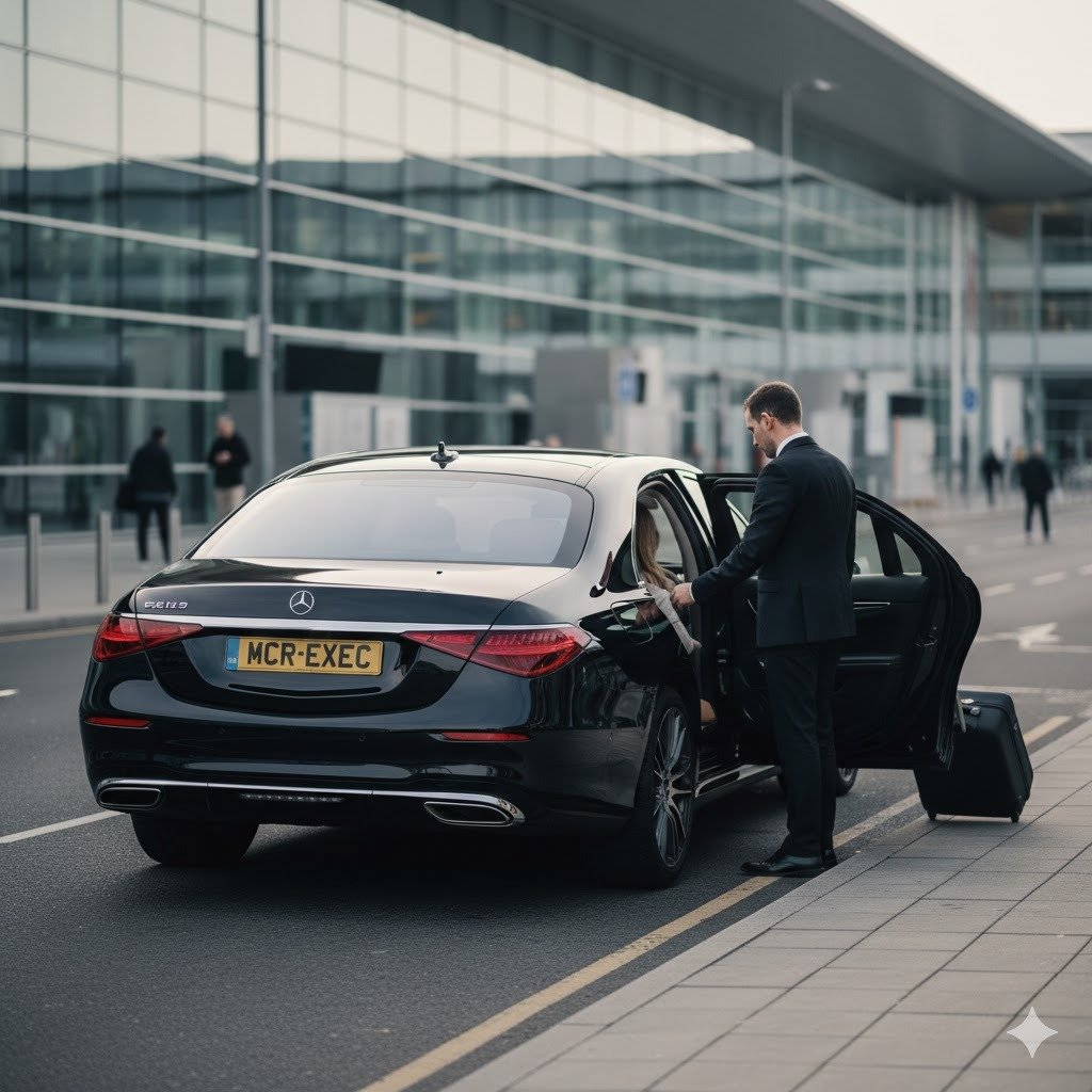 Manchester Airport chauffeur transfer from Southport with MCR EXEC Mercedes S-Class