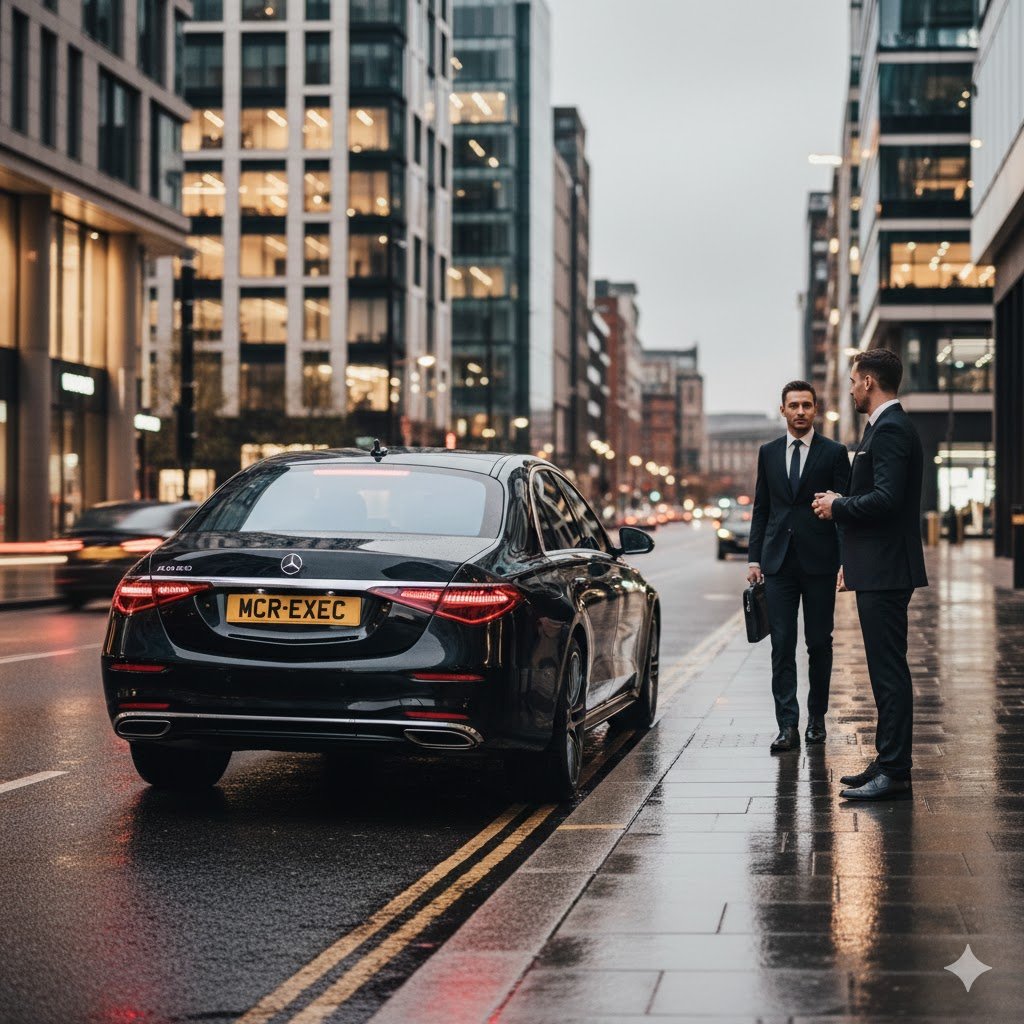 Manchester Chauffeur Services with a black Mercedes-Benz S-Class by MCR-EXEC, chauffeur waiting curbside as a business traveller approaches in Manchester city centre.