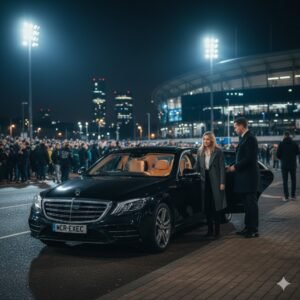 Manchester City v Newcastle chauffeur service with black 2025 Mercedes S-Class and MCR-EXEC number plate at Etihad Stadium