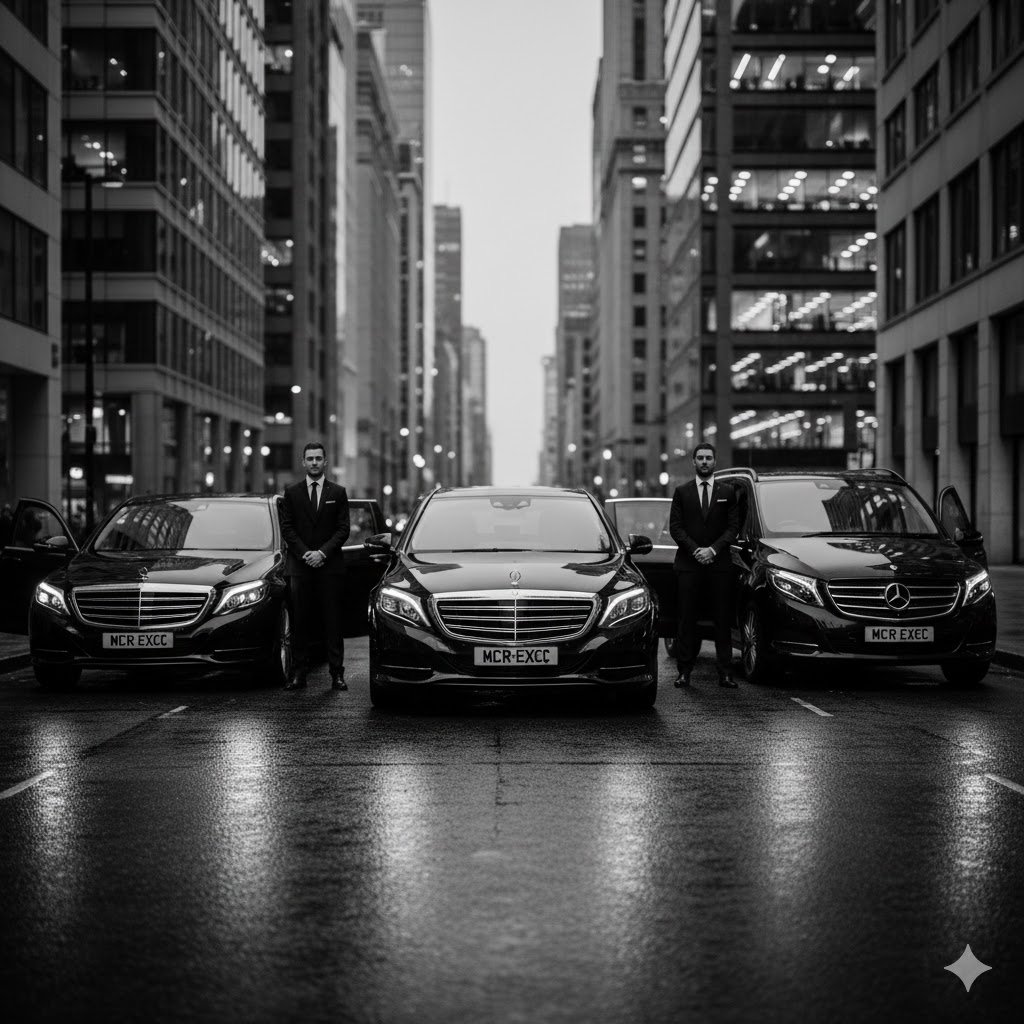 Black and white MCR EXEC chauffeur fleet bulletin image showing three black 2025 Mercedes S-Class, E-Class and V-Class vehicles with MCR-EXEC number plates parked in formation with professional chauffeurs in suits beside them.