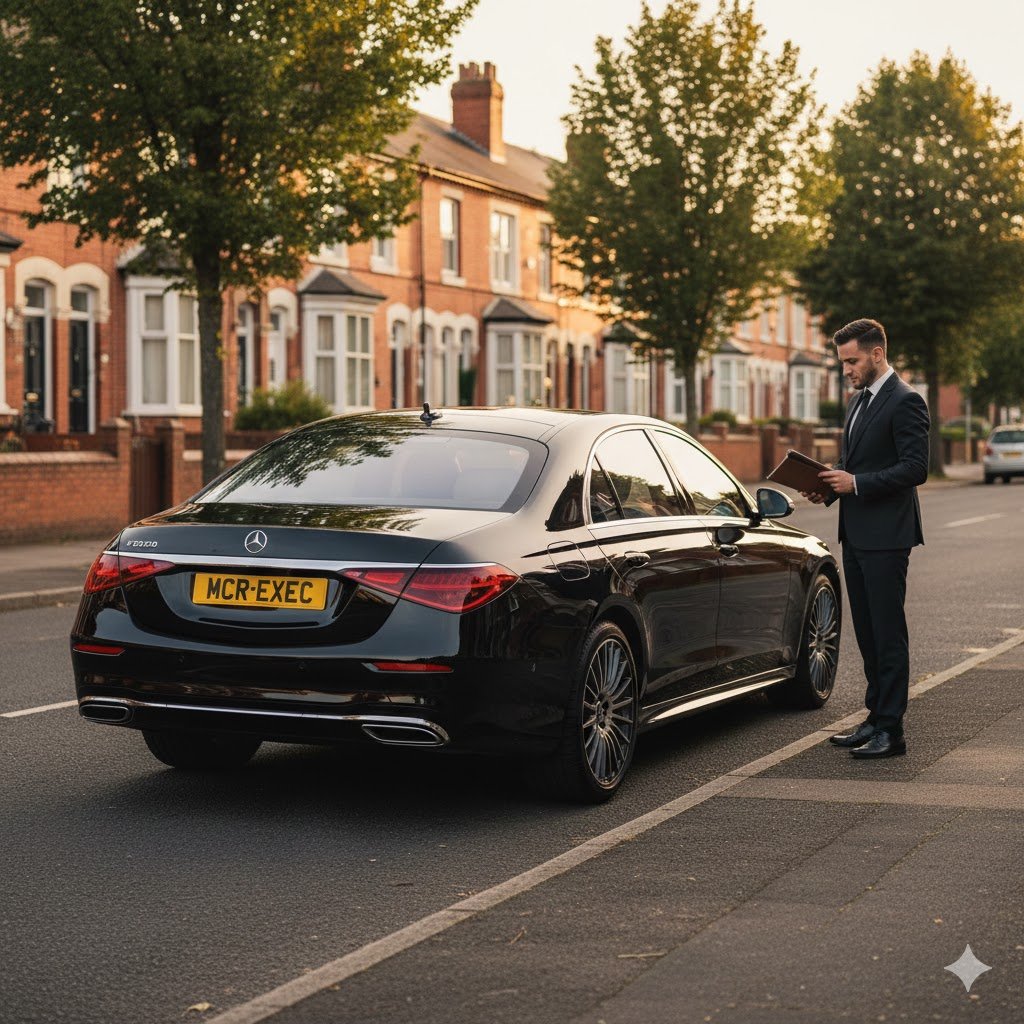 Middleton chauffeur service hero image showing a black 2025 Mercedes-Benz S-Class with MCR-EXEC number plate parked on a quiet residential street in Middleton, Greater Manchester, with a professional chauffeur standing nearby during an early evening executive pickup.