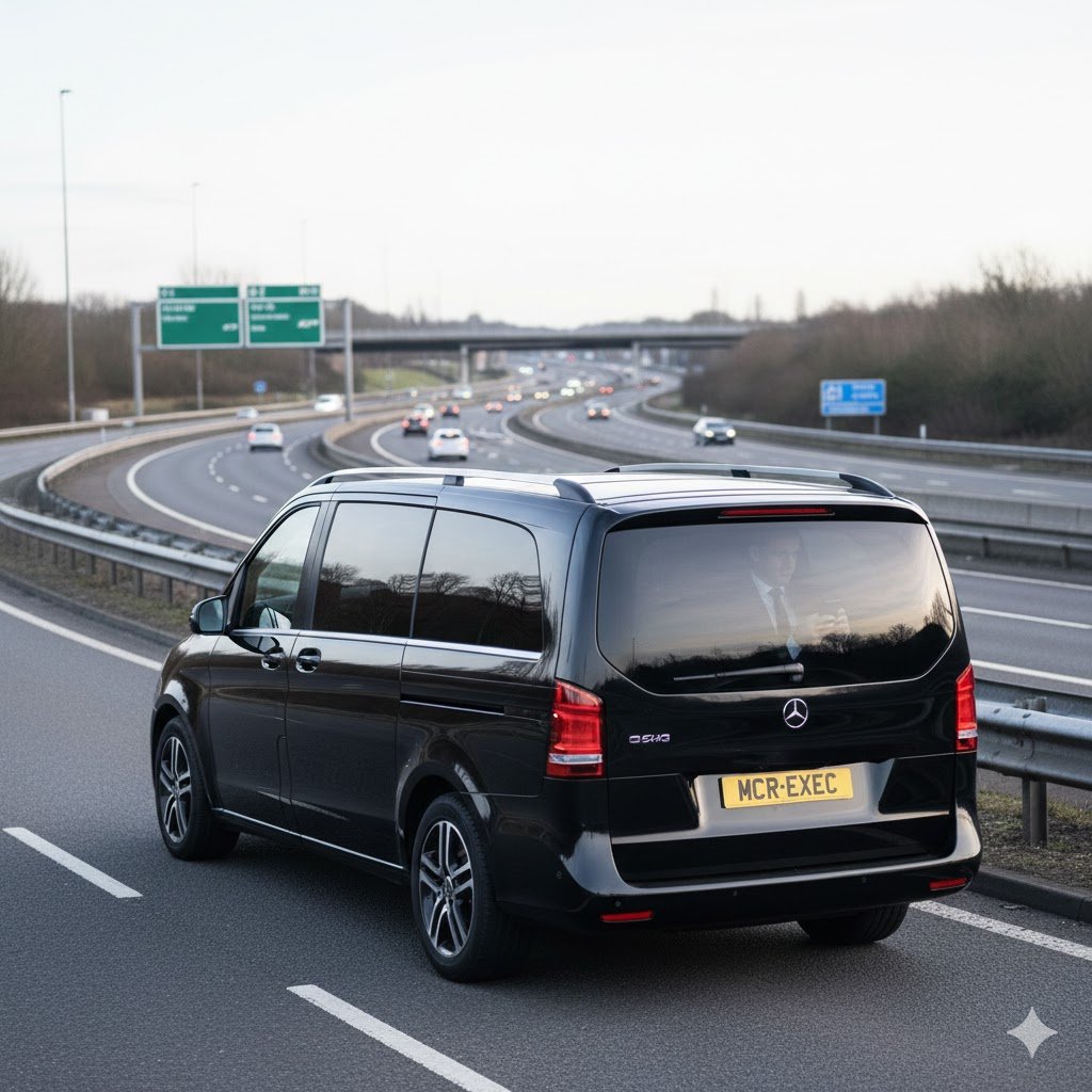 Milnrow Chauffeur Service with black 2025 Mercedes-Benz V-Class operated by MCR-EXEC, showing an executive passenger inside the vehicle near the M62 for efficient airport or long-distance travel.