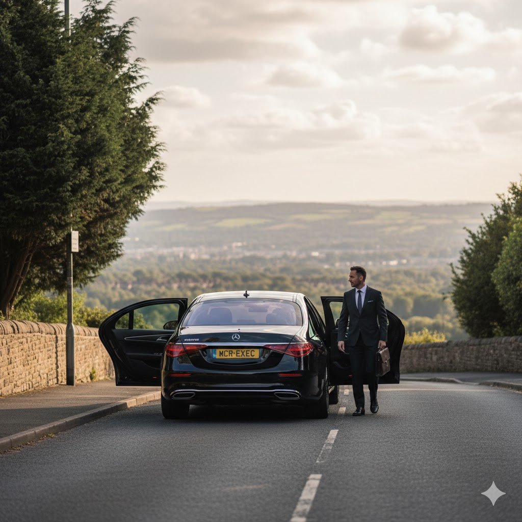 Moorside Chauffeur Service with black Mercedes S-Class, professional chauffeur waiting for an executive passenger in Moorside Oldham, luxury local transport by MCR-EXEC