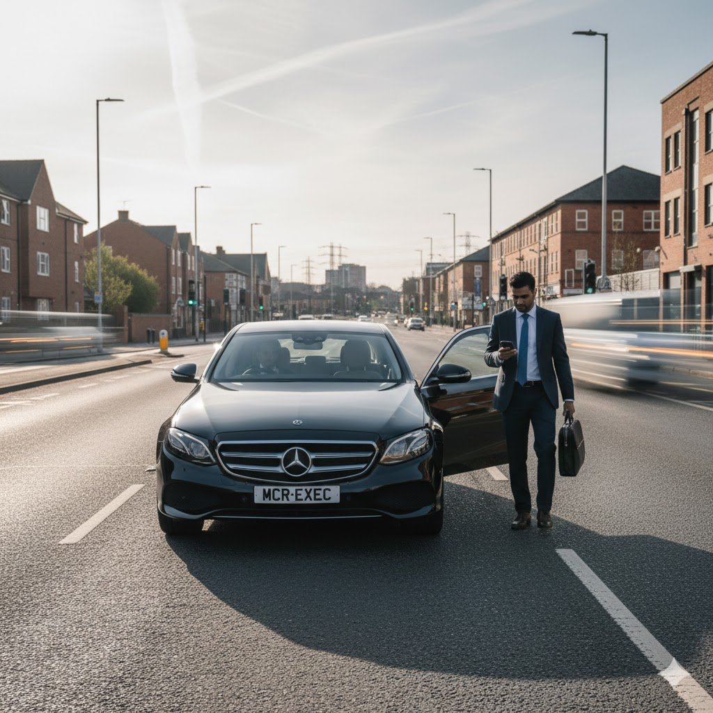 Moston Executive Transport with a black Mercedes E-Class by MCR-EXEC collecting a passenger beside a main road in Moston, Manchester.