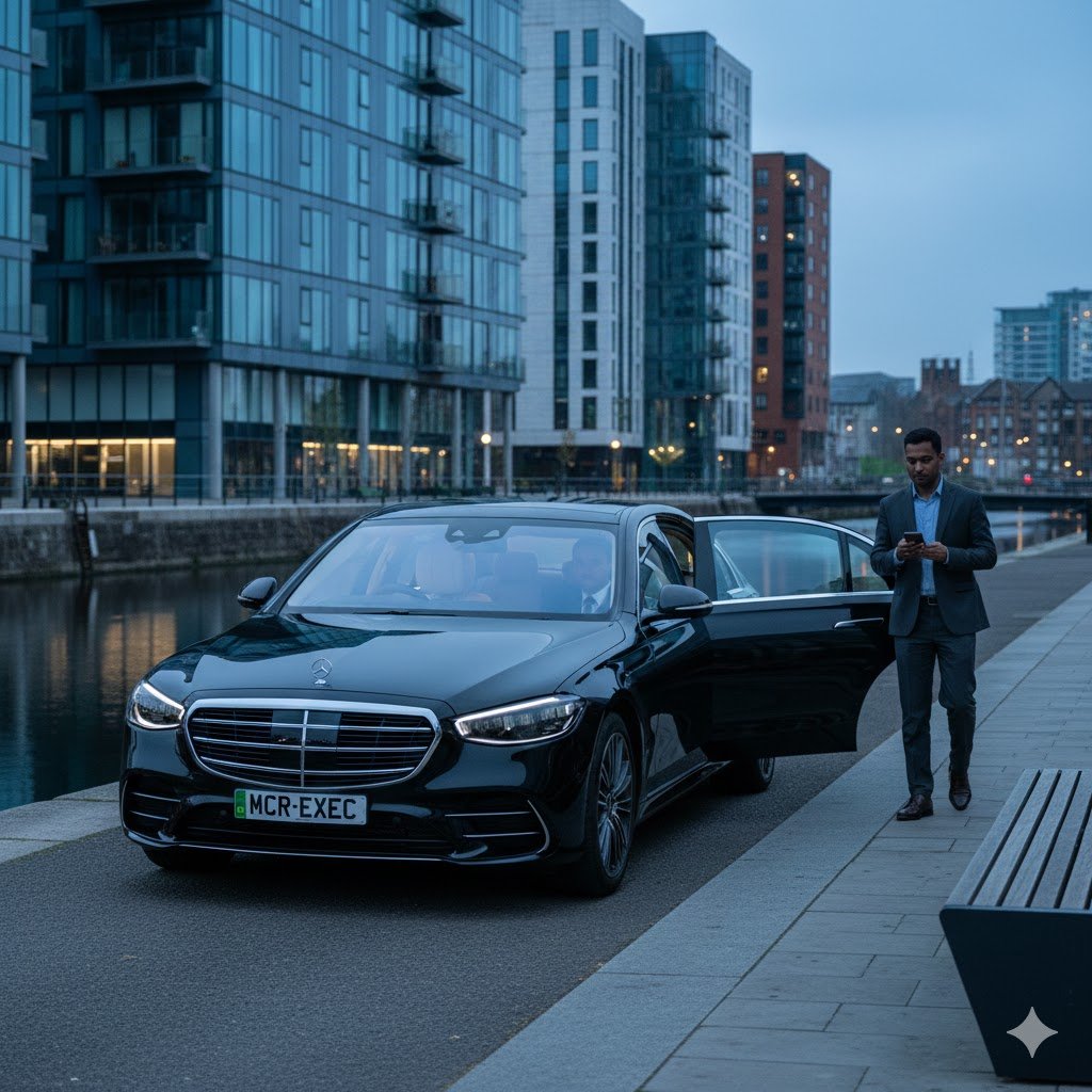New Islington Executive Transport with a black Mercedes S-Class by MCR-EXEC collecting a passenger beside the canal at New Islington Marina in Manchester.
