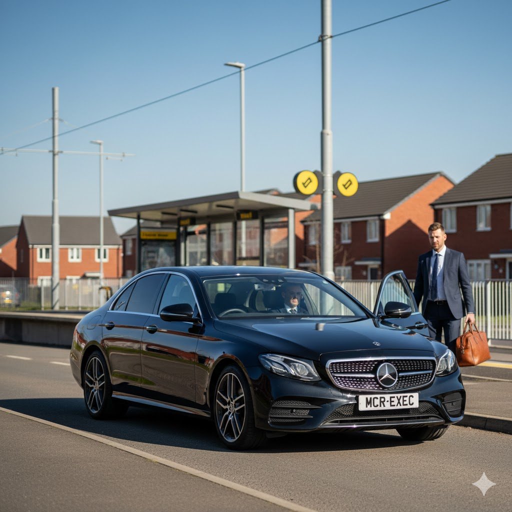 Newhey Chauffeur Service with black 2025 Mercedes-Benz E-Class operated by MCR-EXEC, showing a passenger approaching the vehicle near Newhey Metrolink stop for executive onward travel.