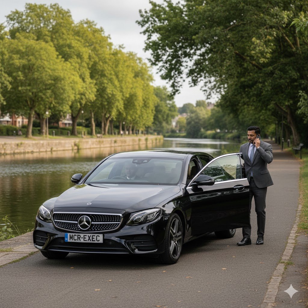 Northenden Executive Transfers with a black Mercedes E-Class by MCR-EXEC collecting a professional passenger beside the River Mersey in Northenden, Manchester.