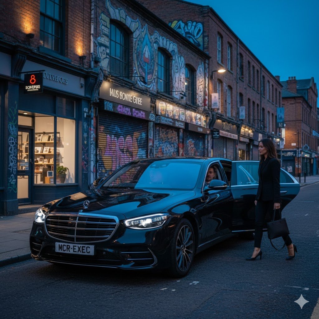 Northern Quarter Luxury Chauffeur Hire with a black Mercedes S-Class by MCR-EXEC collecting a guest amid street art and independent venues in Manchester’s Northern Quarter.