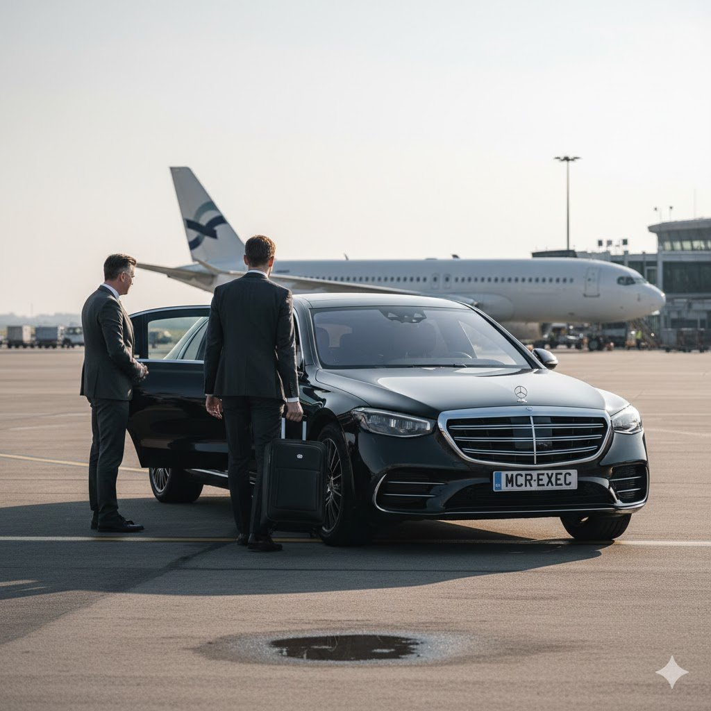 Oldham airport chauffeur transfer showing black Mercedes vehicle with MCR-EXEC number plate supporting structured airport travel