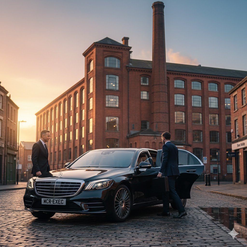 Oldham executive chauffeur transport scene showing a black Mercedes vehicle with MCR-EXEC number plate outside historic mill buildings, capturing professional passenger travel within Oldham