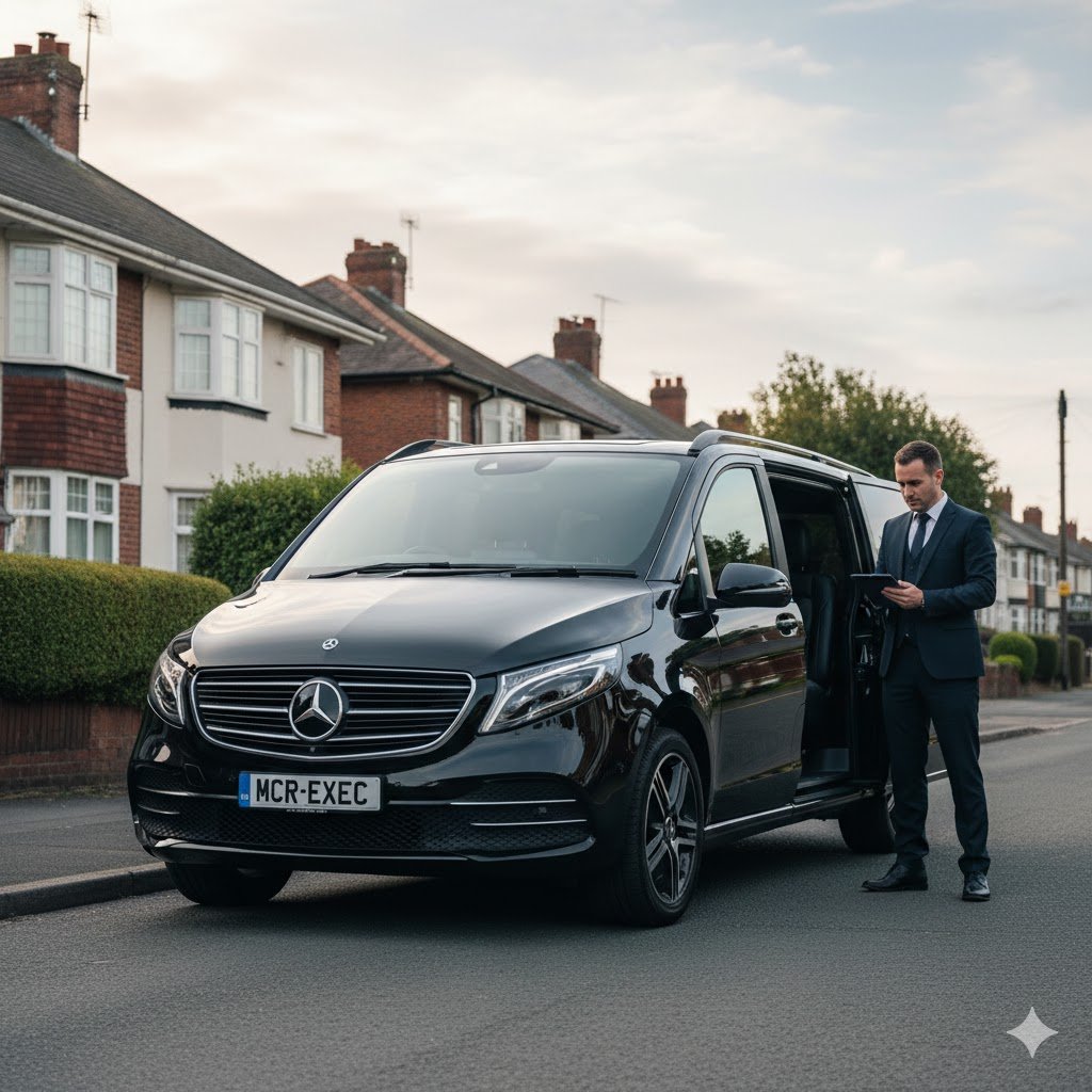 Partington Chauffeur Service by MCR-EXEC with black 2025 Mercedes V-Class ready for airport transfer in Trafford