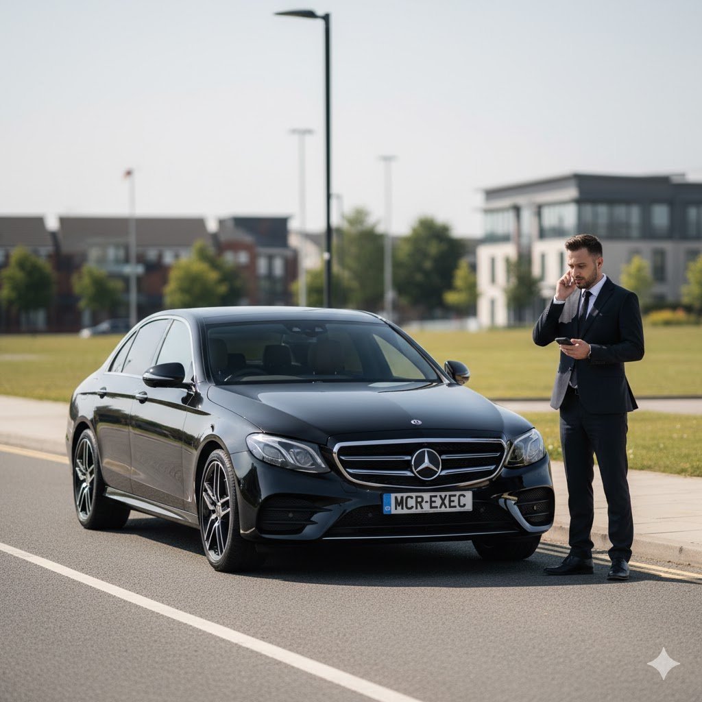 Prestwich executive transfers hero image showing a black 2025 Mercedes-Benz E-Class with MCR-EXEC number plate parked near green open space in Prestwich, Greater Manchester, with a professional chauffeur coordinating an executive transfer.