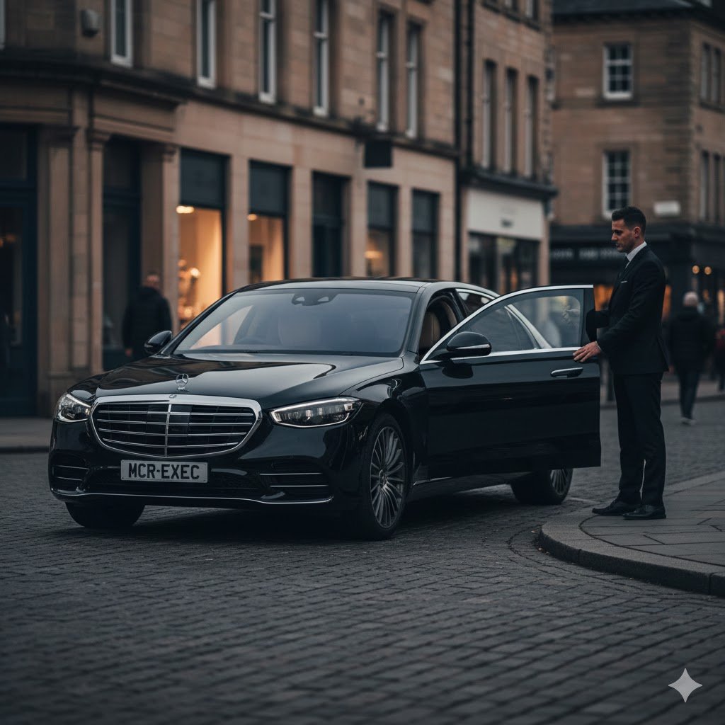 Ramsbottom luxury executive travel hero image showing a black 2025 Mercedes-Benz S-Class with MCR-EXEC number plate in an elegant evening town setting in Ramsbottom, Greater Manchester, with a professional chauffeur providing discreet luxury service.