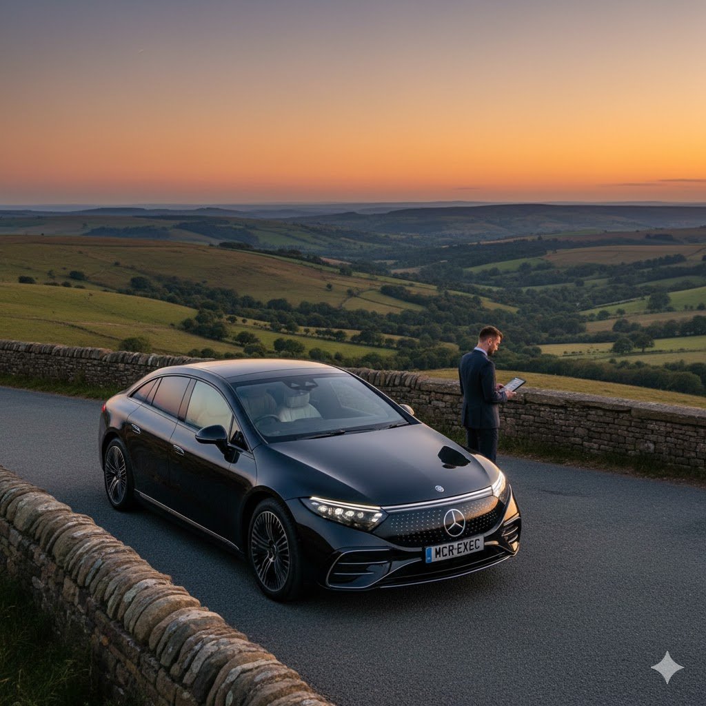 Rivington Private Chauffeur hero image showing a black 2025 Mercedes EQS with MCR-EXEC number plate on a scenic hillside road at sunset with a professional chauffeur in Greater Manchester.