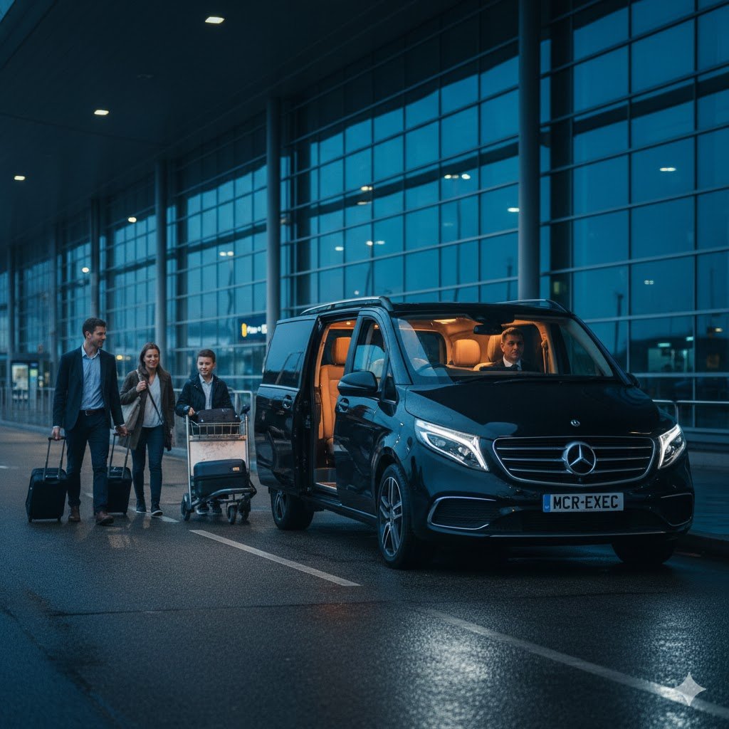 Rochdale airport chauffeur service with black 2025 Mercedes-Benz V-Class by MCR-EXEC, showing passengers arriving at Manchester Airport for a pre-booked luxury airport transfer.