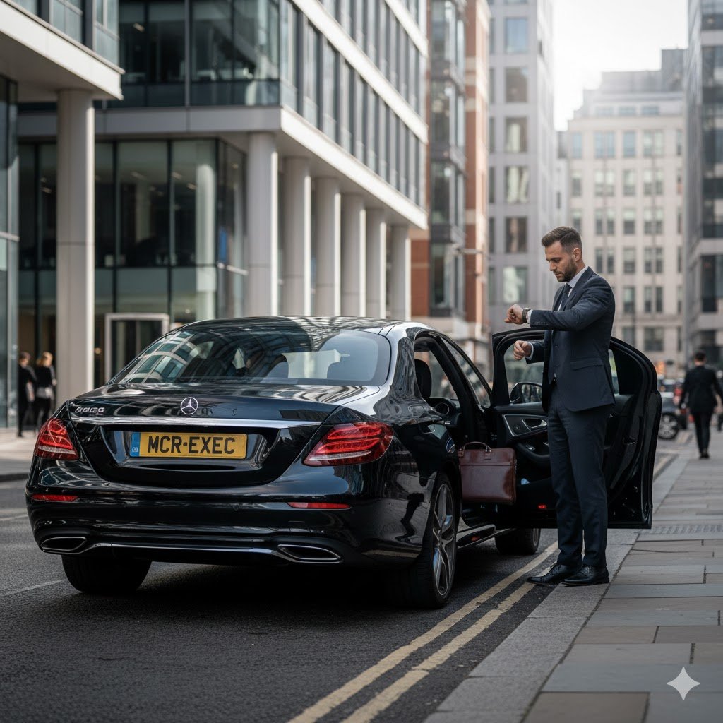 Rochdale corporate chauffeur service with black 2025 Mercedes-Benz E-Class by MCR-EXEC, showing executive business travel in Manchester city centre.