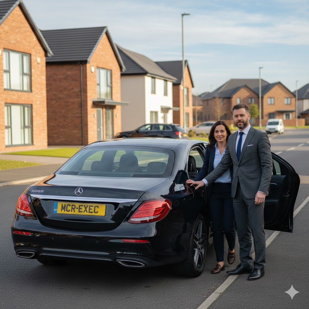 Royton Chauffeur Service with black Mercedes E-Class, professional chauffeur assisting a passenger in Royton Oldham, luxury executive transport by MCR-EXEC