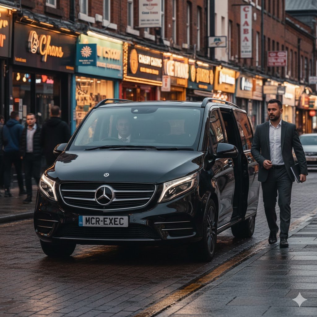Rusholme Executive Transfers with a black Mercedes V-Class by MCR-EXEC collecting a guest along the Curry Mile in Rusholme, Manchester.