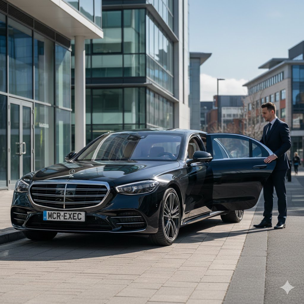 Sale Executive Chauffeur by MCR-EXEC with black 2025 Mercedes S-Class outside modern office building in Trafford