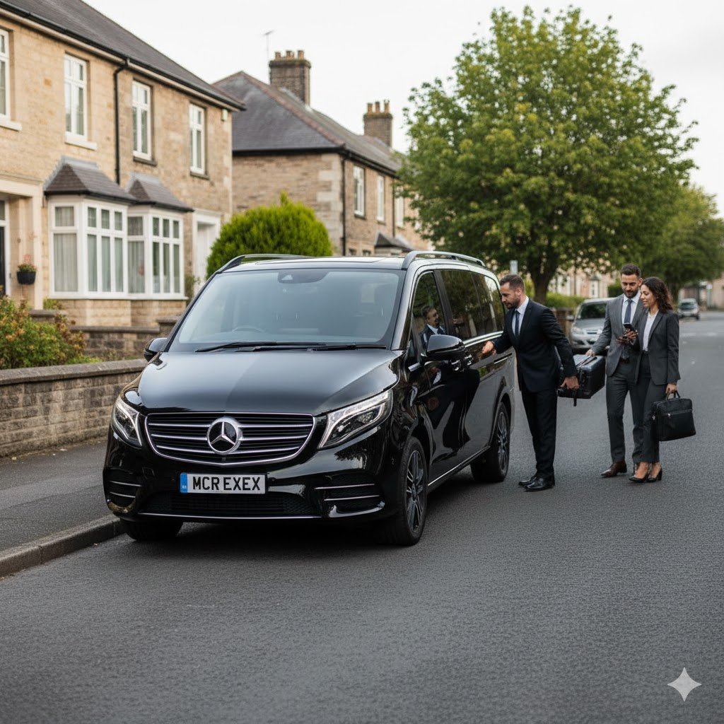 Sharples Executive Transfers hero image showing a black 2025 Mercedes V-Class with MCR-EXEC number plate during a professional morning departure with chauffeur assistance in Greater Manchester