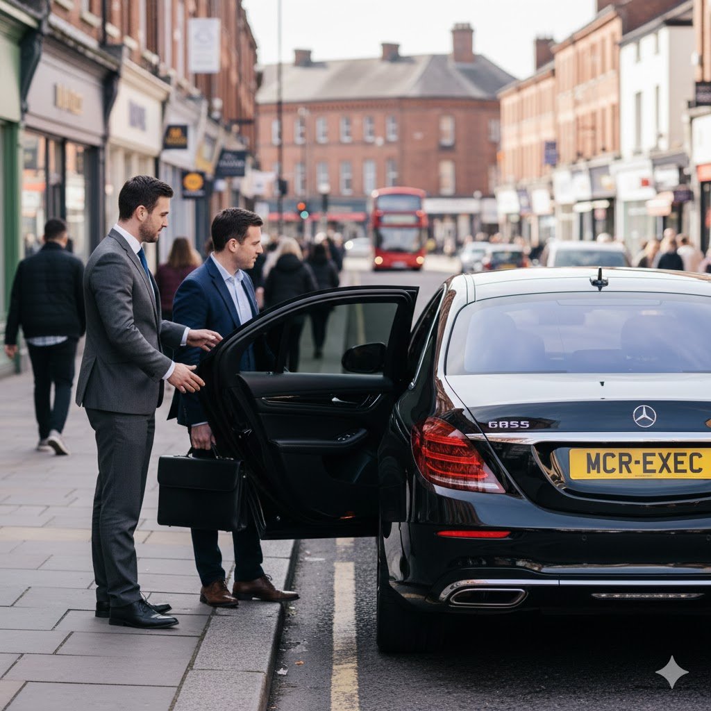Shaw Chauffeur Service with black Mercedes S-Class, professional chauffeur assisting a passenger in Shaw Oldham town centre, executive transport by MCR-EXEC