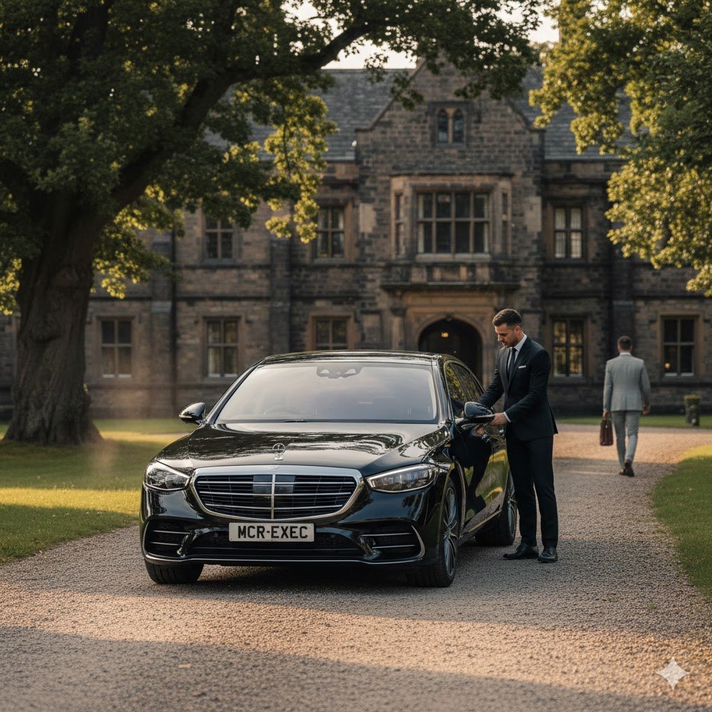 Smithills Luxury Executive Travel hero image showing a black 2025 Mercedes S-Class with MCR-EXEC number plate at a historic estate setting with a professional chauffeur in Greater Manchester.