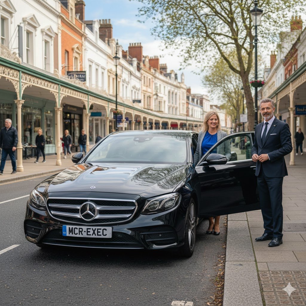 Southport Chauffeur Service featuring a black Mercedes-Benz S-Class operated by MCR-EXEC on Lord Street, Southport, with a professional chauffeur providing luxury executive transport.