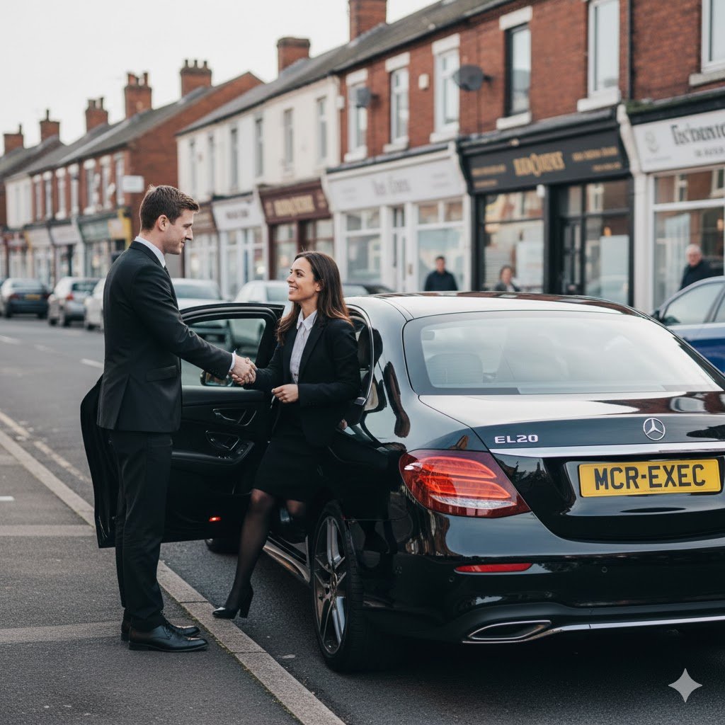 Springhead Chauffeur Service with black Mercedes E-Class, professional chauffeur greeting a passenger in Springhead Oldham, premium local transport by MCR-EXEC