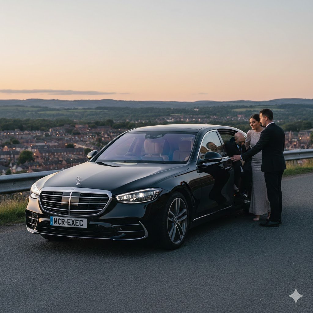 Stalybridge Luxury Chauffeur service with black 2025 Mercedes S-Class saloon and MCR-EXEC number plate overlooking Stalybridge at golden hour
