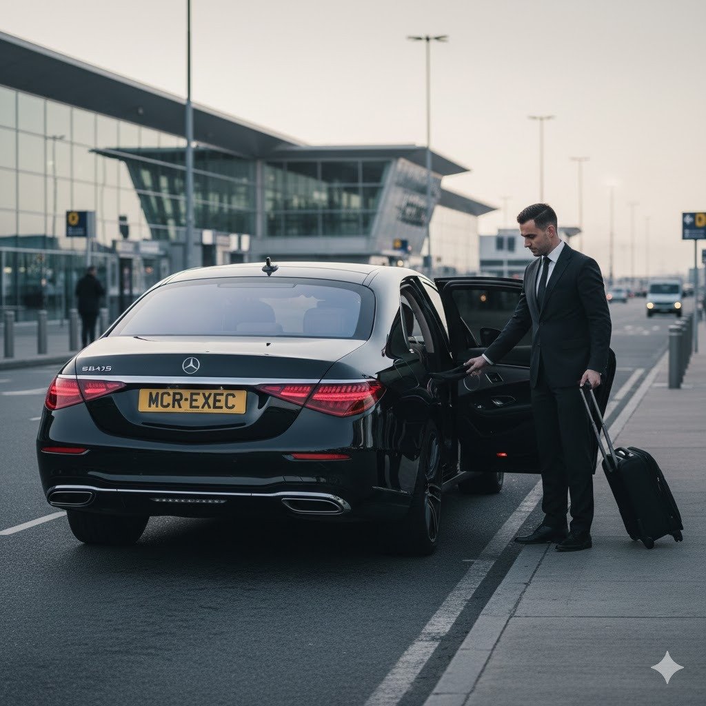 Mercedes S-Class prepared for a private Stockport to Manchester Airport chauffeur transfer