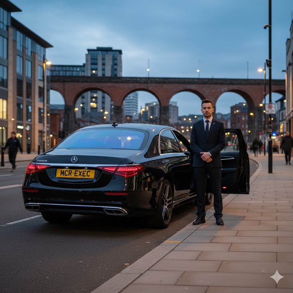 Stockport Chauffeur Services featuring a black Mercedes-Benz S-Class operated by MCR-EXEC, providing professional chauffeur travel in Stockport.