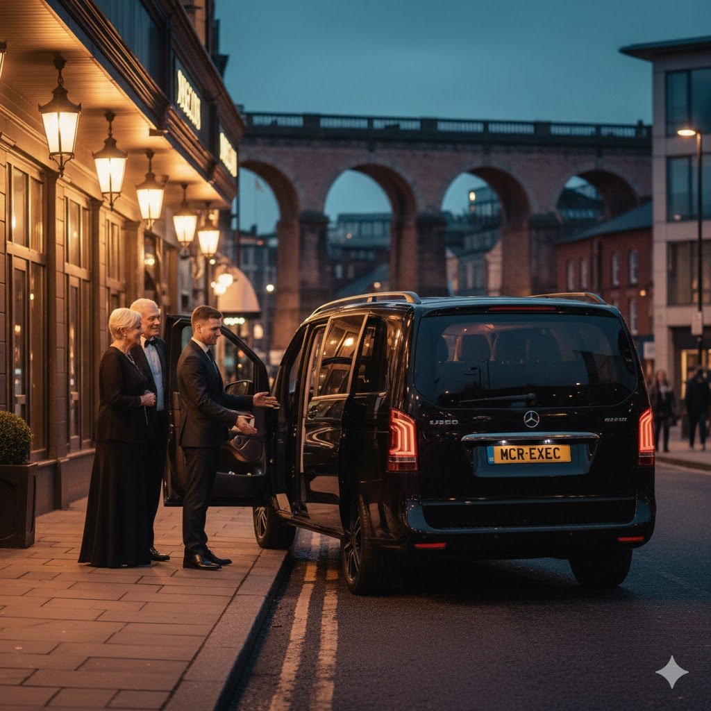 Stockport Chauffeur Services providing event transport with a black Mercedes-Benz V-Class operated by MCR-EXEC in Stockport.