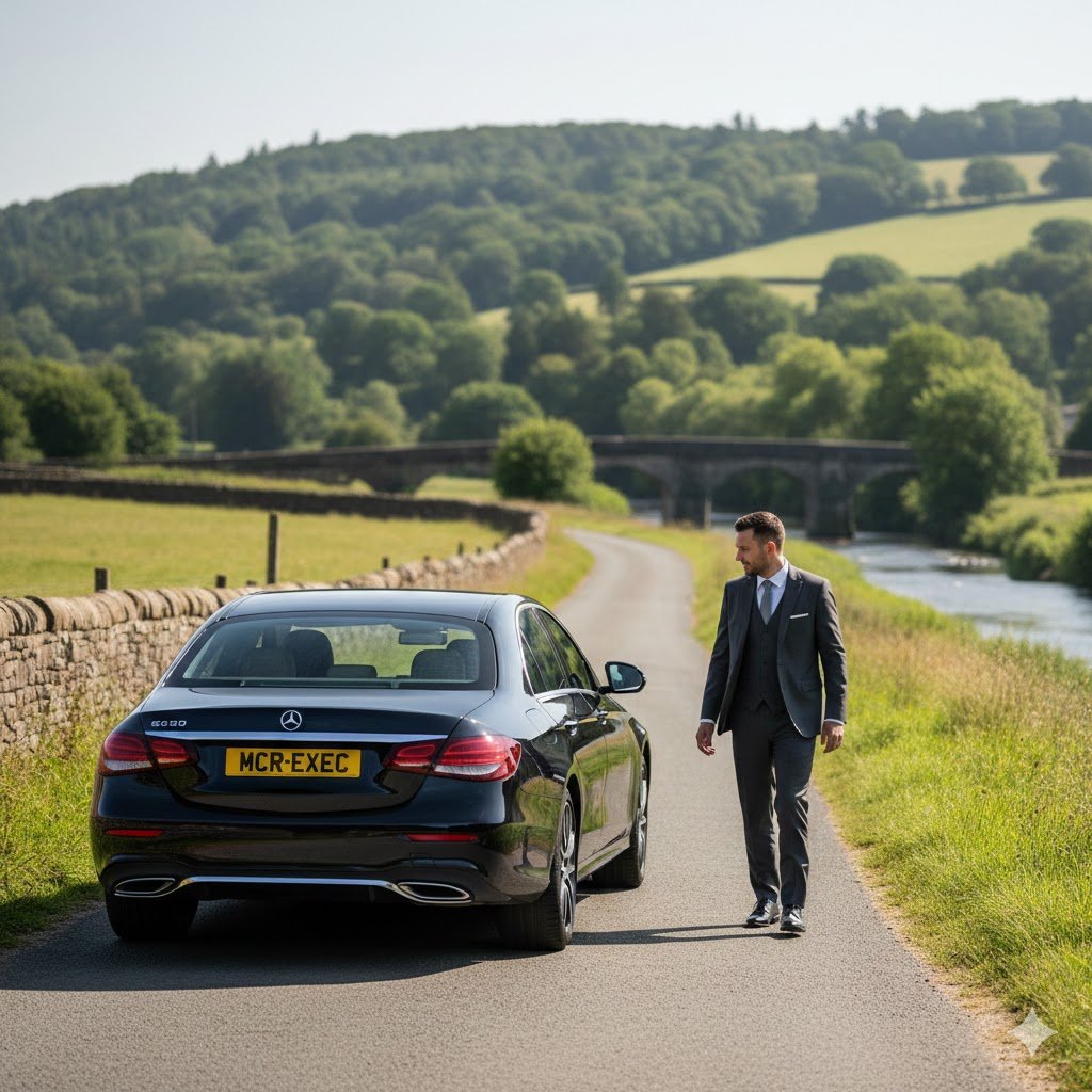 Summerseat chauffeur service hero image showing a black 2025 Mercedes-Benz E-Class with MCR-EXEC number plate parked on a quiet country road in Summerseat, Greater Manchester, with a professional chauffeur preparing for a discreet countryside journey.