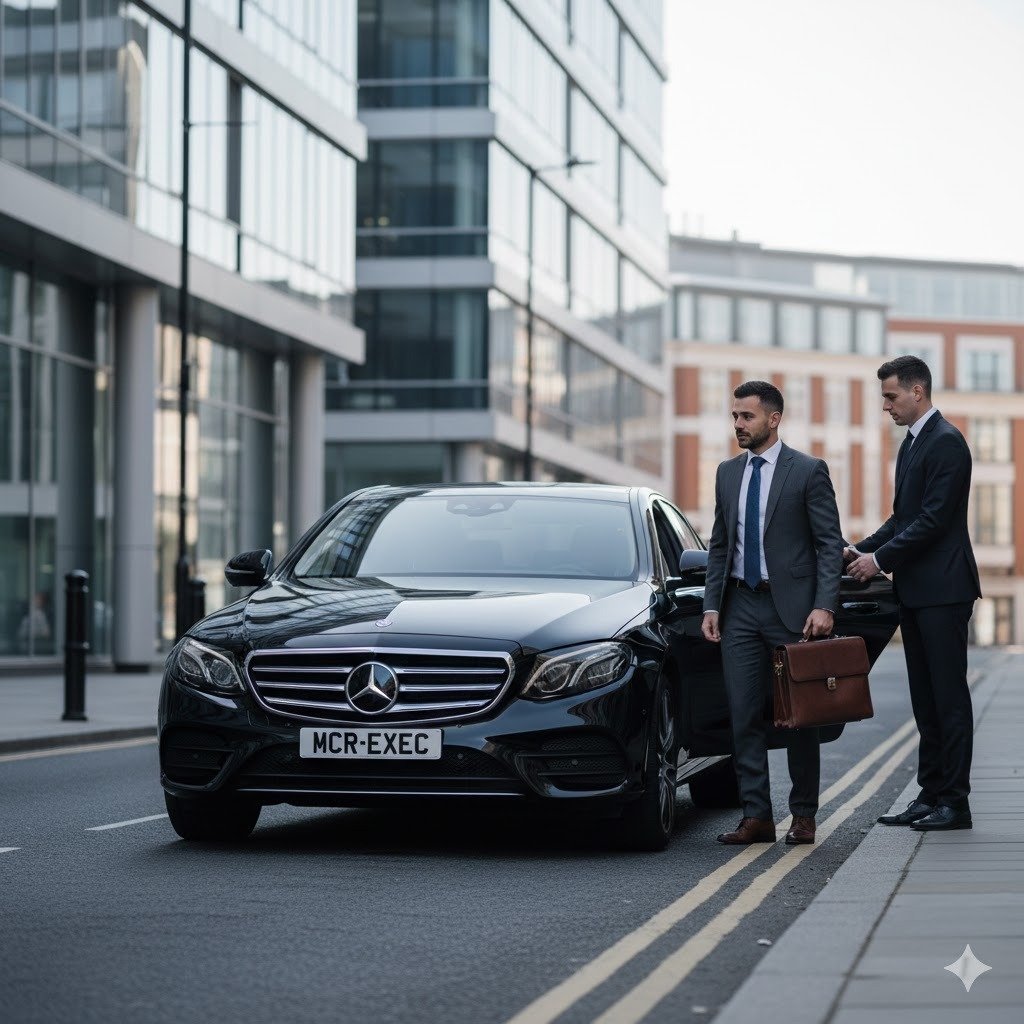 Mercedes E-Class corporate chauffeur service outside a Manchester office
