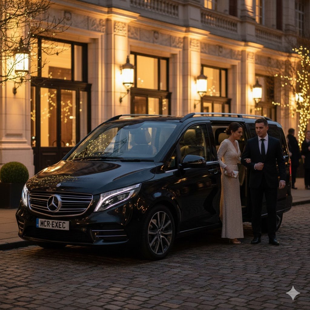 Tameside chauffeur service for event travel using black 2025 Mercedes V-Class with MCR-EXEC number plate outside evening venue.