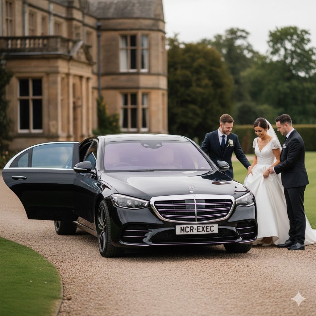 Hotel chauffeur travel with black Mercedes V-Class, black vehicle, MCR EXEC number plate, outside luxury Manchester hotel for premium guest arrivals