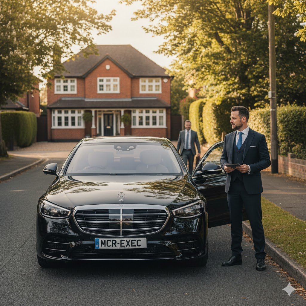 Timperley Executive Travel by MCR-EXEC with black 2025 Mercedes S-Class in Trafford residential setting